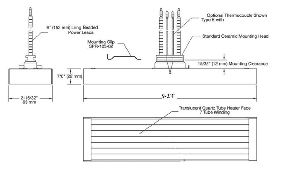 QUARTZ 460V 750W 3X9 PILLAR 6"LEADS