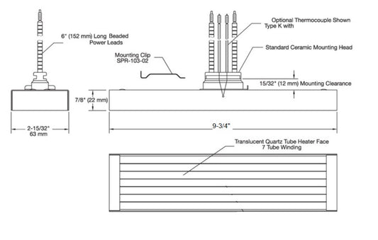QUARTZ 460V 750W 3X9 PILLAR 6"LEADS