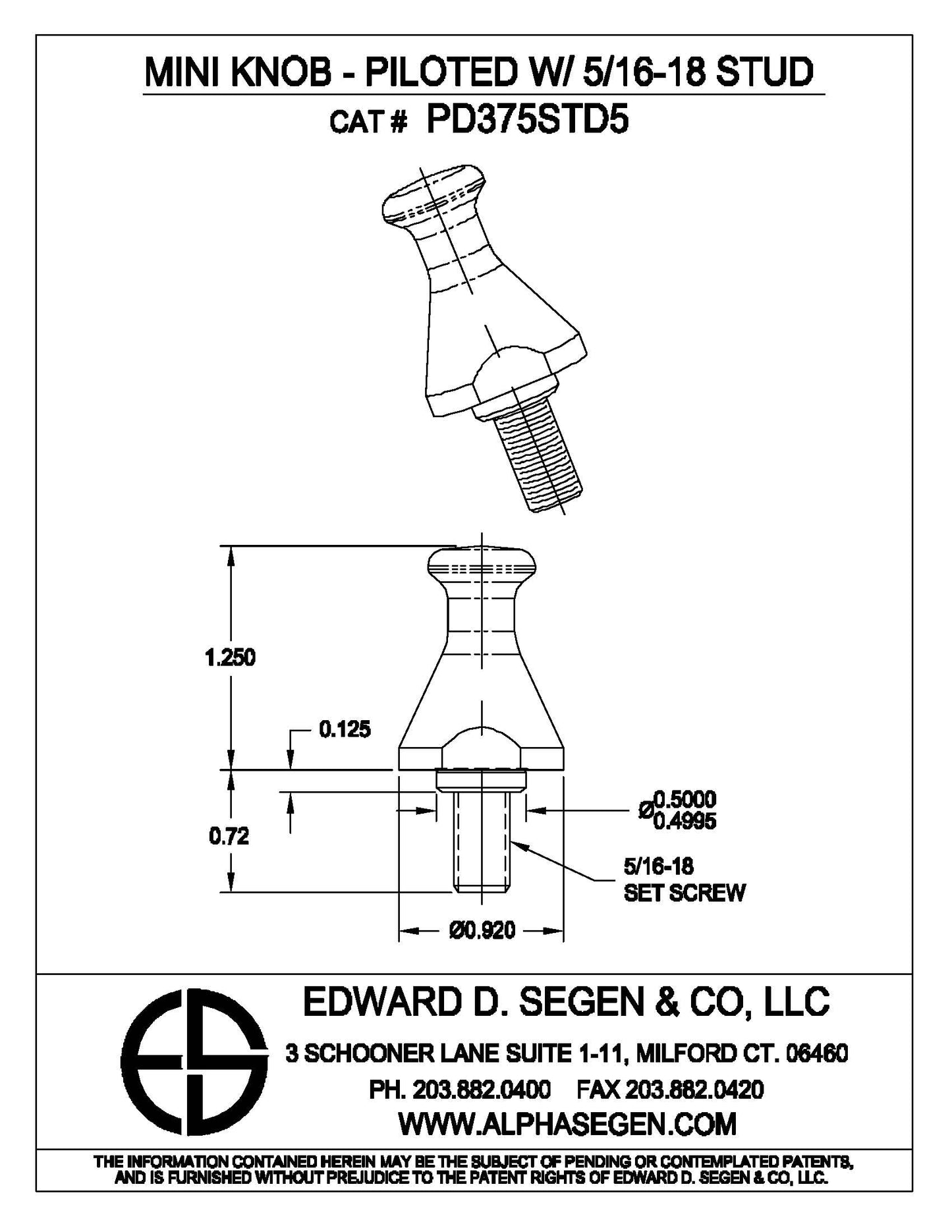 SMALL-FRY PILOTED KNOB W/5/16-18STD PD375STD5